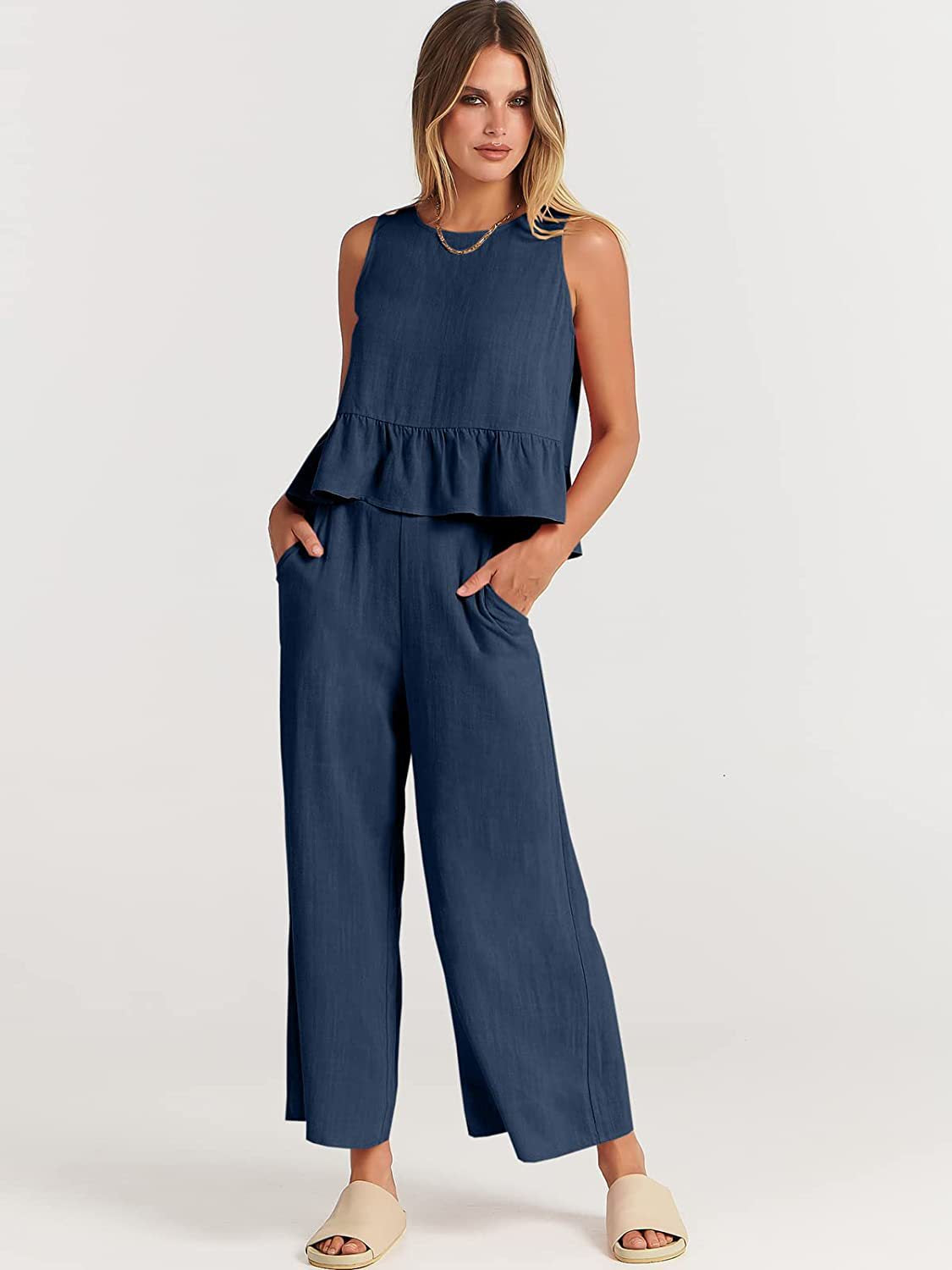 Women's Airy Two-Piece Set with Chic Peplum Top and Wide-Leg Pants