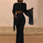 Glitter Two-Piece Set with Wide Leg and Long Sleeves