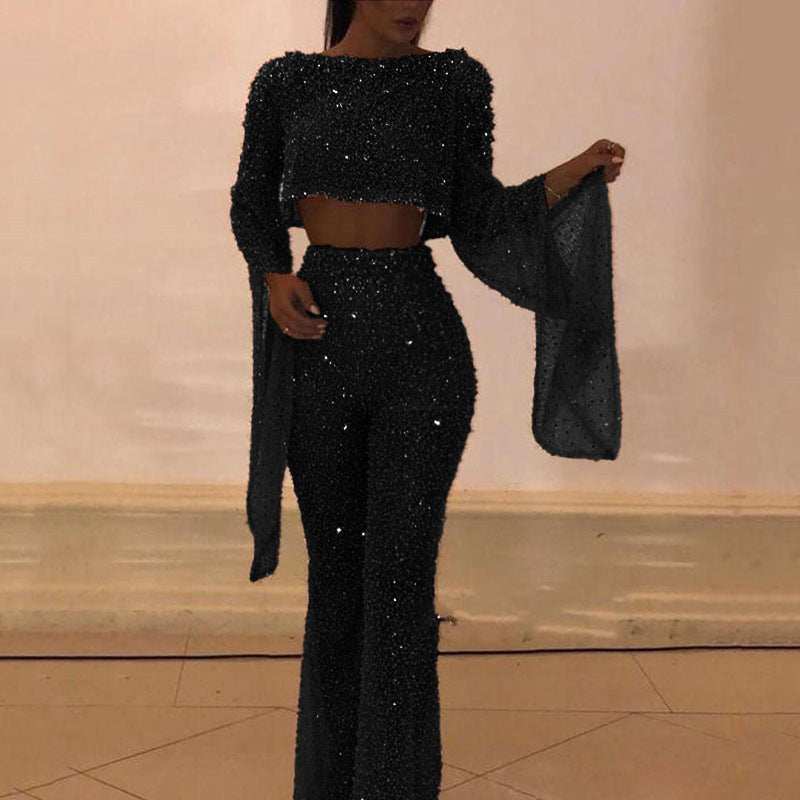 Glitter Two-Piece Set with Wide Leg and Long Sleeves