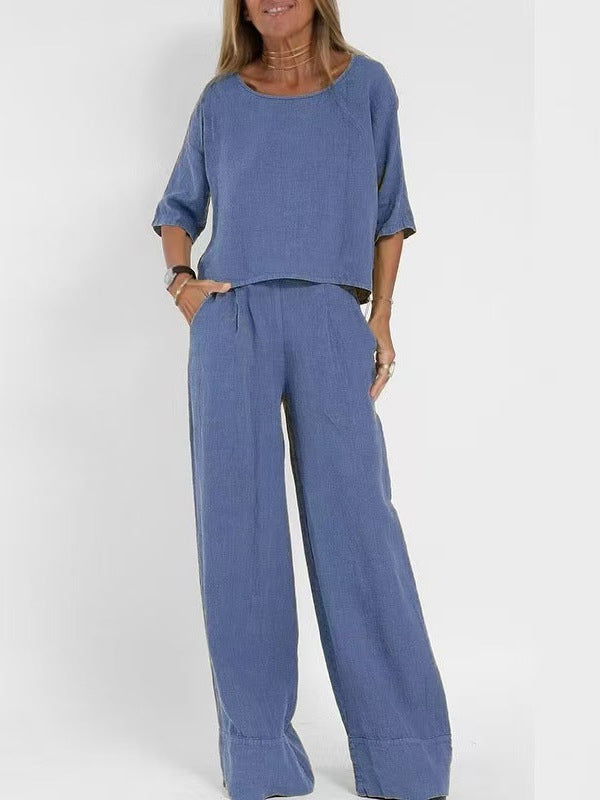 Women's Casual Linen Suit Set with Wide-Leg Pants and Cropped Top
