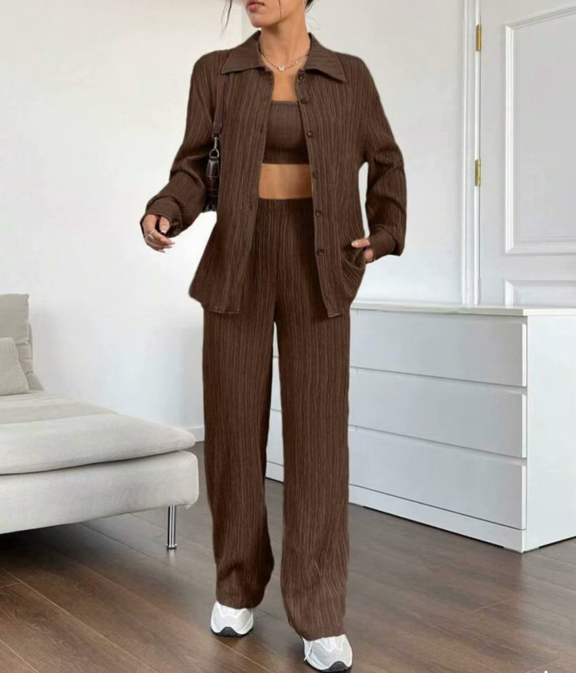 Women's Elegant Striped Blouse and Loose Pants Set