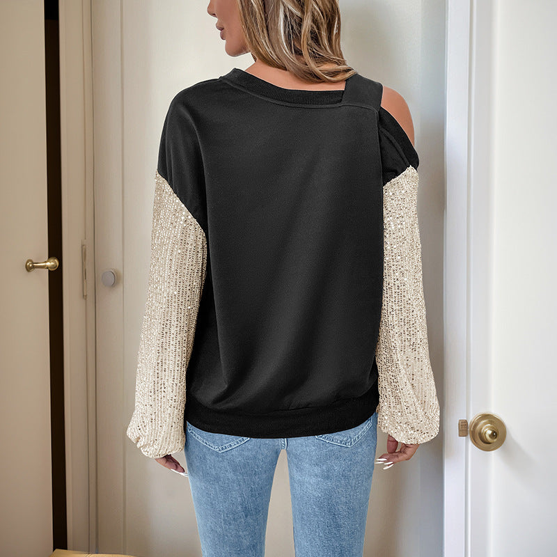 Women's Asymmetrical Sweatshirt with Shoulder Cutout and Sequin Sleeves