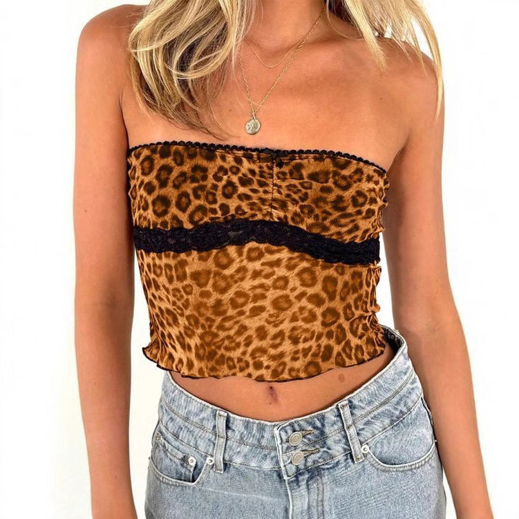 Women's Bandeau Top with Leopard Print and Lace Trim