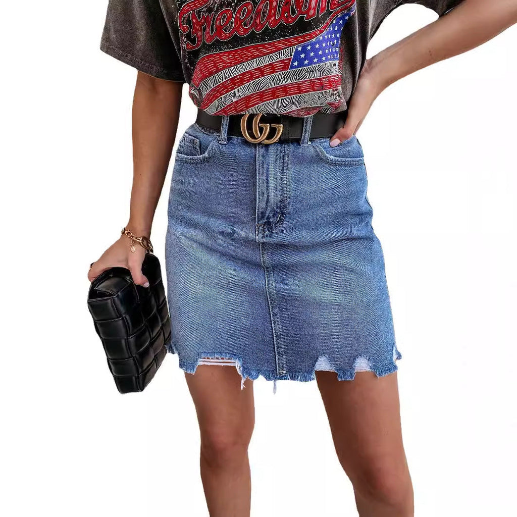 Women's High-Waisted Denim Skirt with Frayed Hem