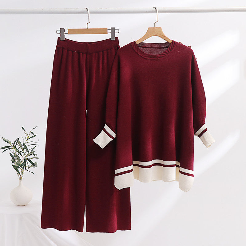 Women's Casual Knit Loungewear Set with Contrast Hem and Wide Cut