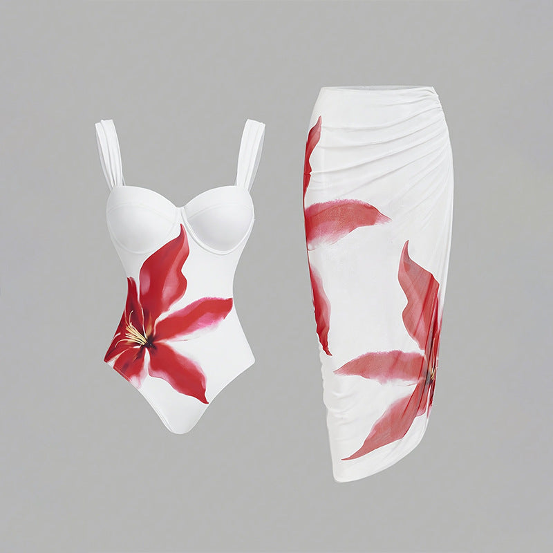 Women's Swimwear Set with Floral Top and Elegant Wrap Skirt