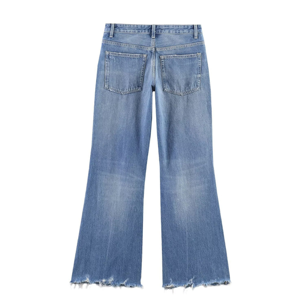 Women's Flared Jeans with Distressed Effects and Frayed Hems
