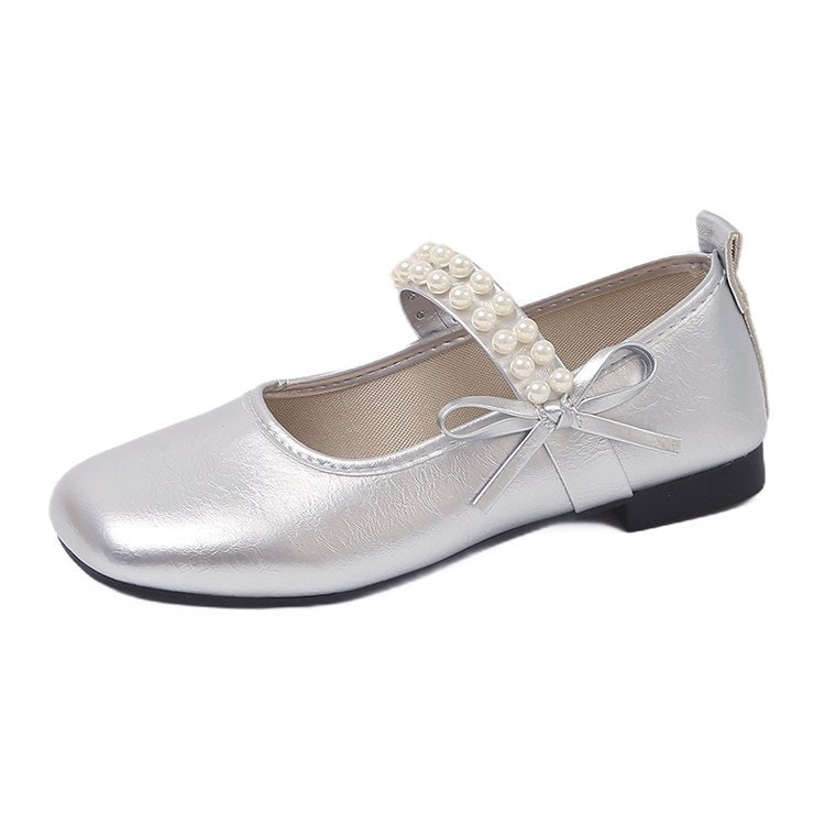 Women's Ballet Flats with Decorative Pearl Strap and Bow Accent