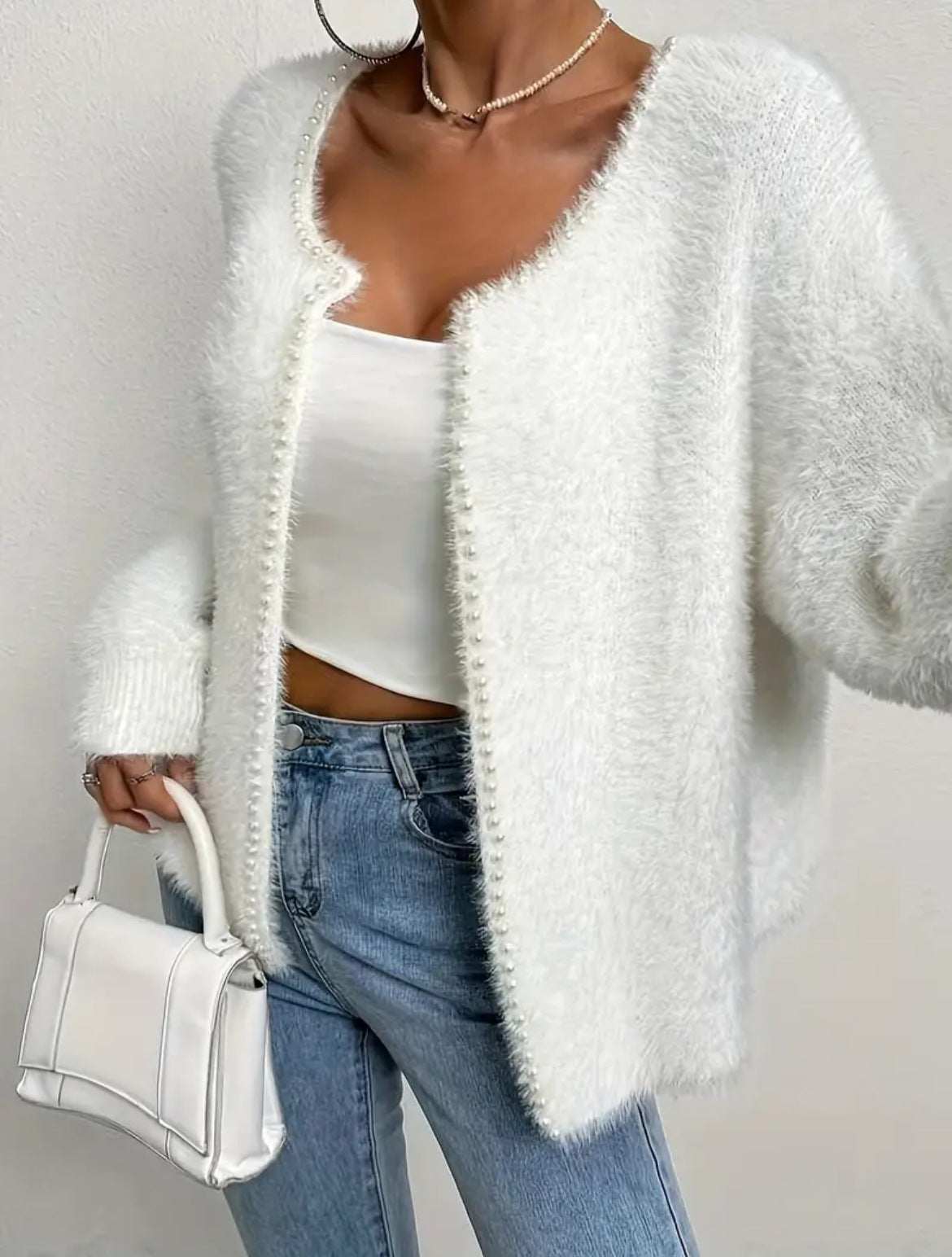 Women's Fluffy Cardigan with Pearl Buttons