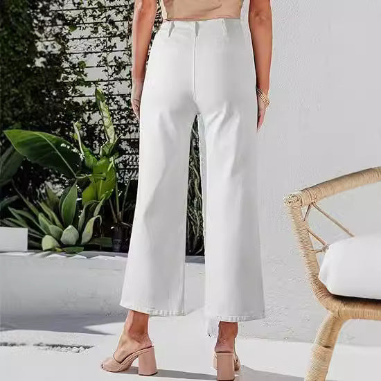 Women's High-Waist Jeans with Button Detail and Wide Leg