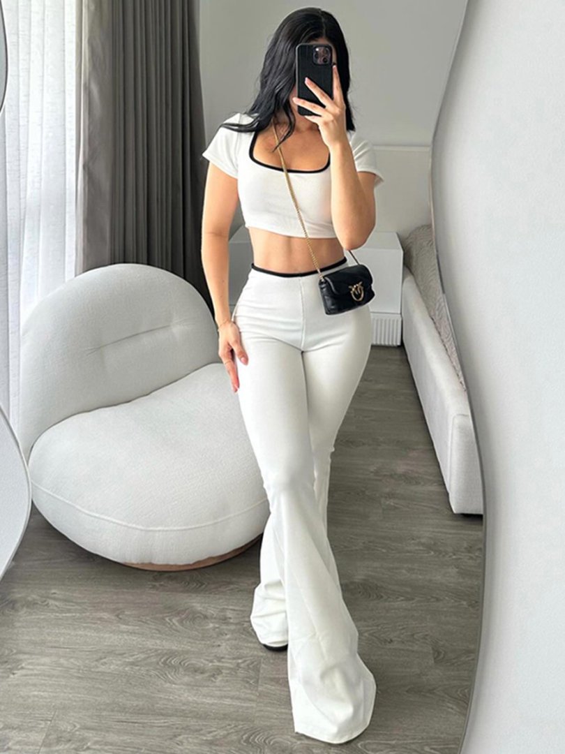 Women's Fashionable Crop Top with Tailored Cut and Wide Trousers