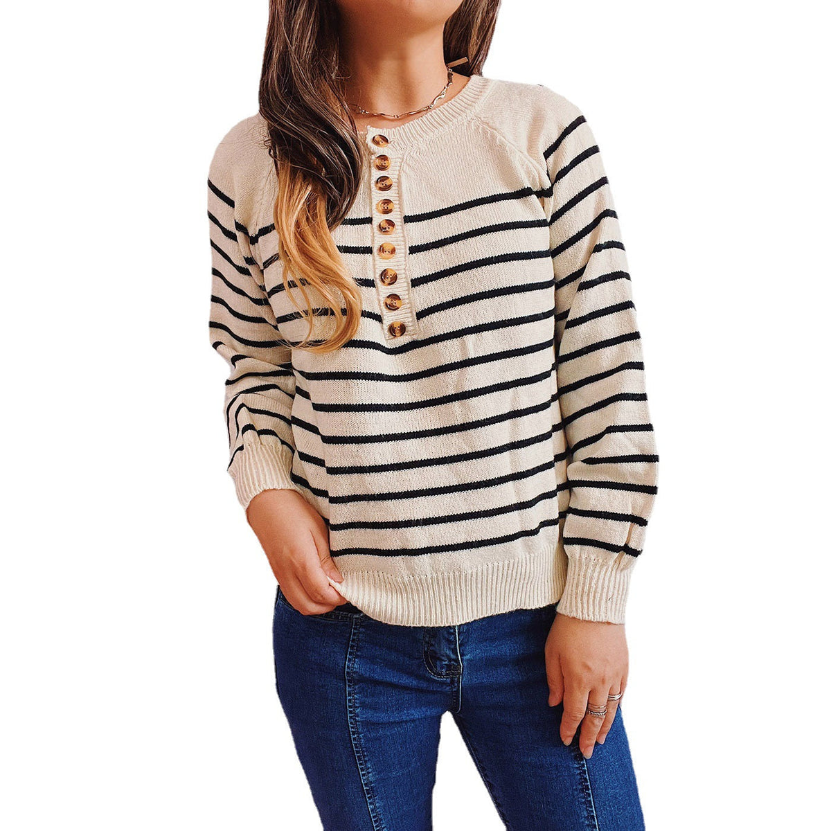 Women's Striped Knit Sweater with Button Details and Casual Fit
