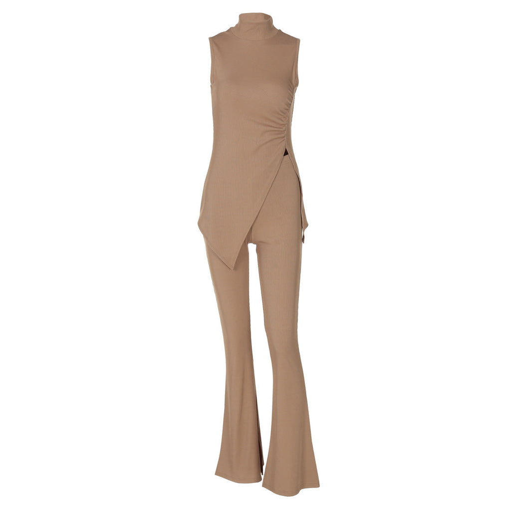 Women's Asymmetrical Jumpsuit Set with Stand-Up Collar