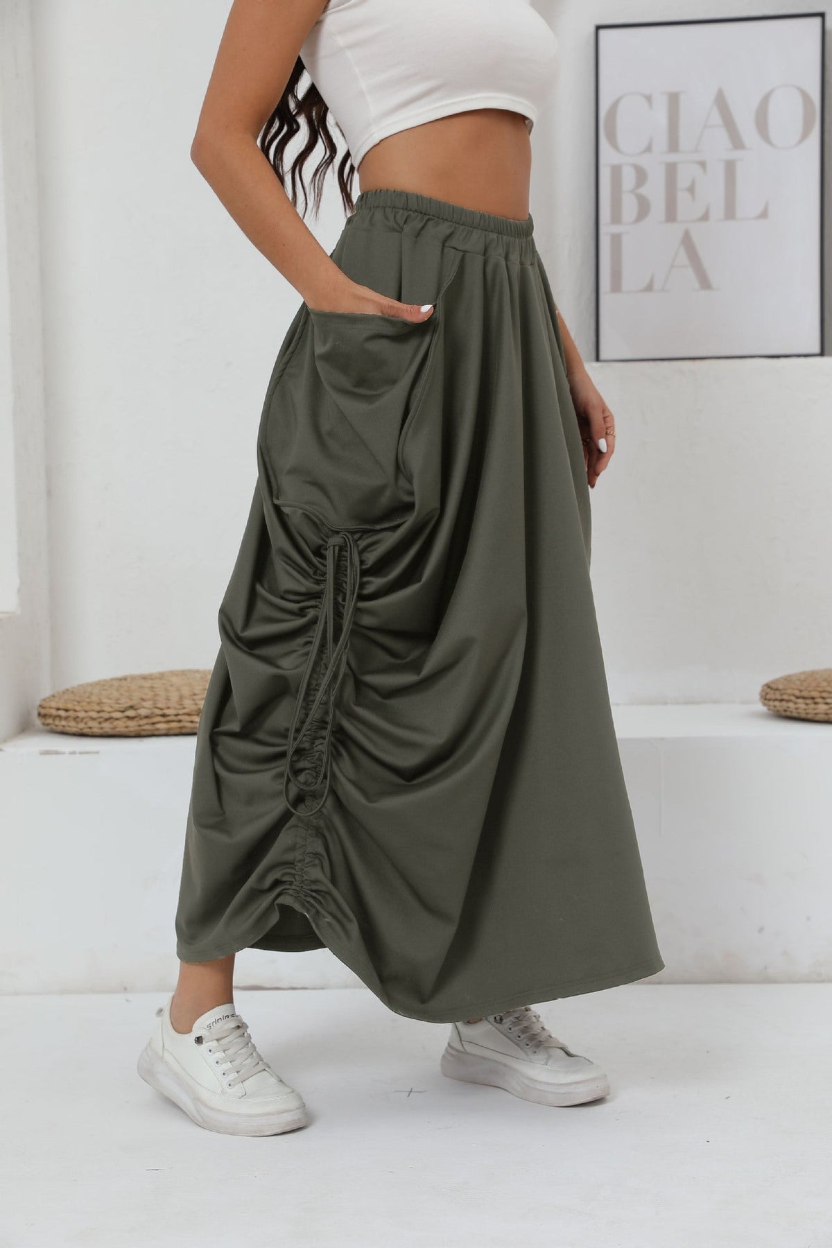 Women's Maxi Skirt with Side Ruching and Pockets