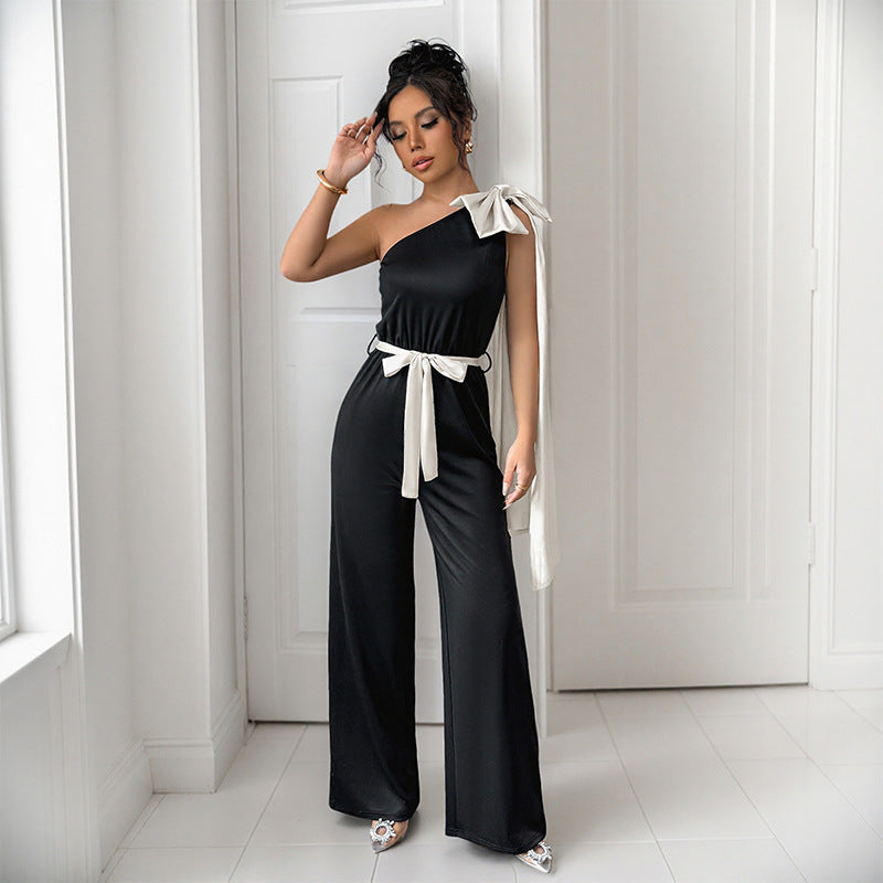 Elegant Women's Jumpsuit with Asymmetric Neckline and Decorative Waist Belt