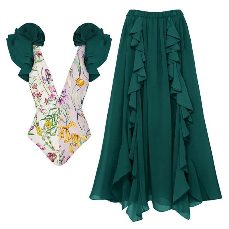 Women's Swimsuit Set with Voluminous Ruffle Details and Elegant Over-Skirt