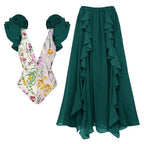 Women's Swimsuit Set with Voluminous Ruffle Details and Elegant Over-Skirt