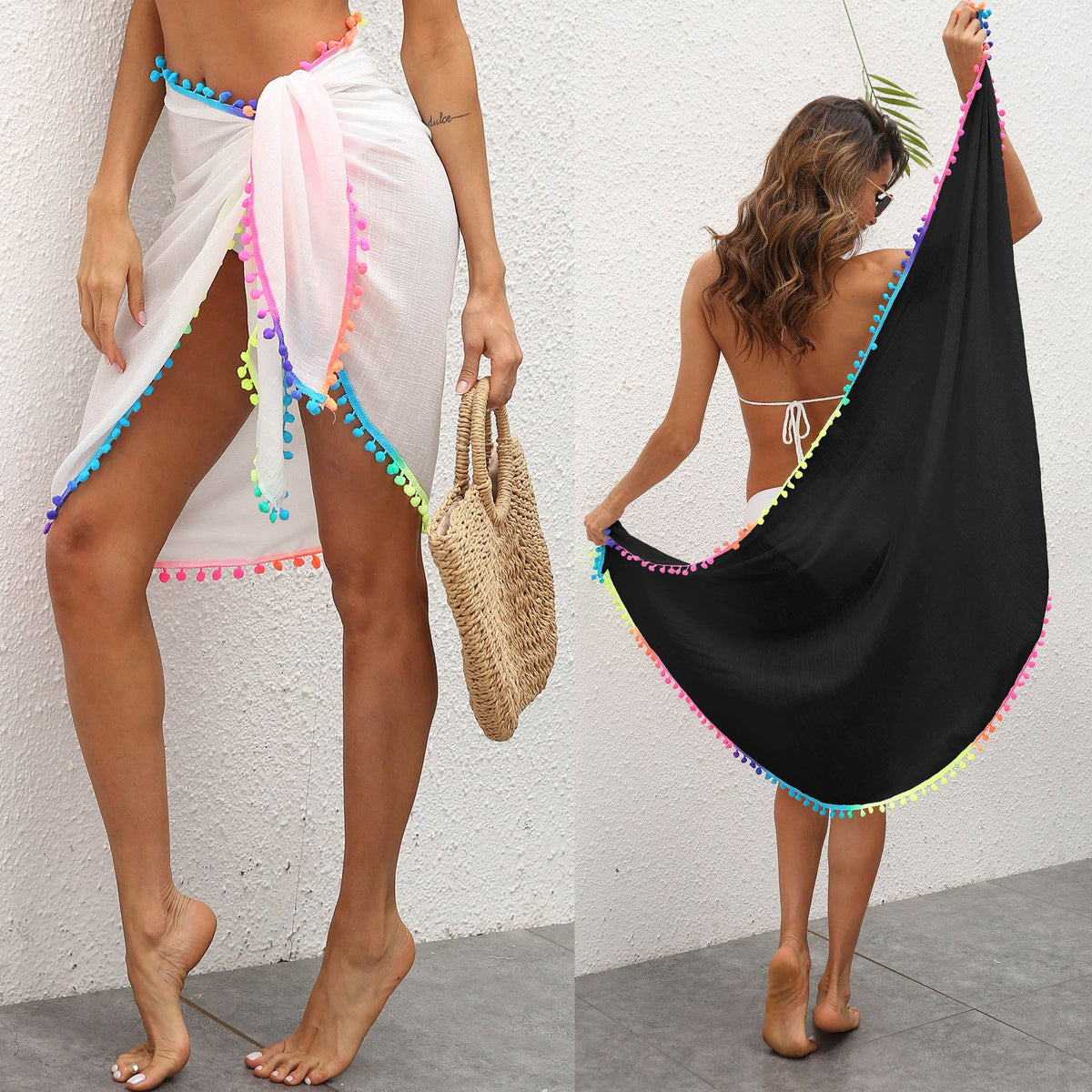 Women's Elegant Beach Cover-Up with Colorful Pom-Pom Trim