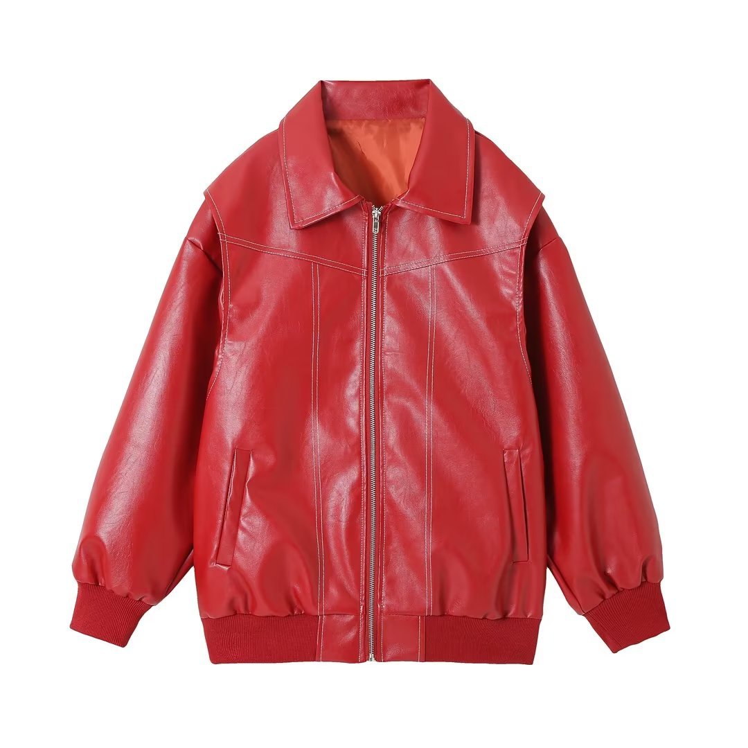 Women's Elegant Faux Leather Jacket with High Collar and Elastic Cuffs