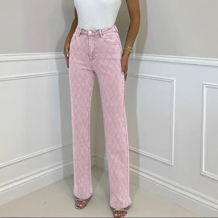 Women's Elegant High-Waisted Pants with Diamond Pattern