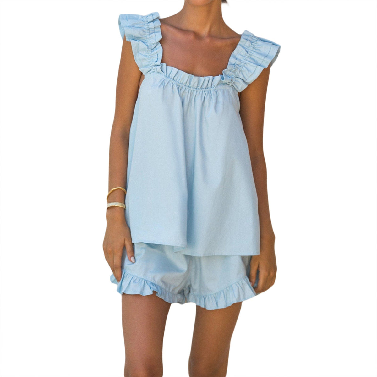 Women's Airy Top with Ruffle Details and Casual Shorts