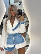 Women's Fashionable Blazer and Skirt Set with Denim Design