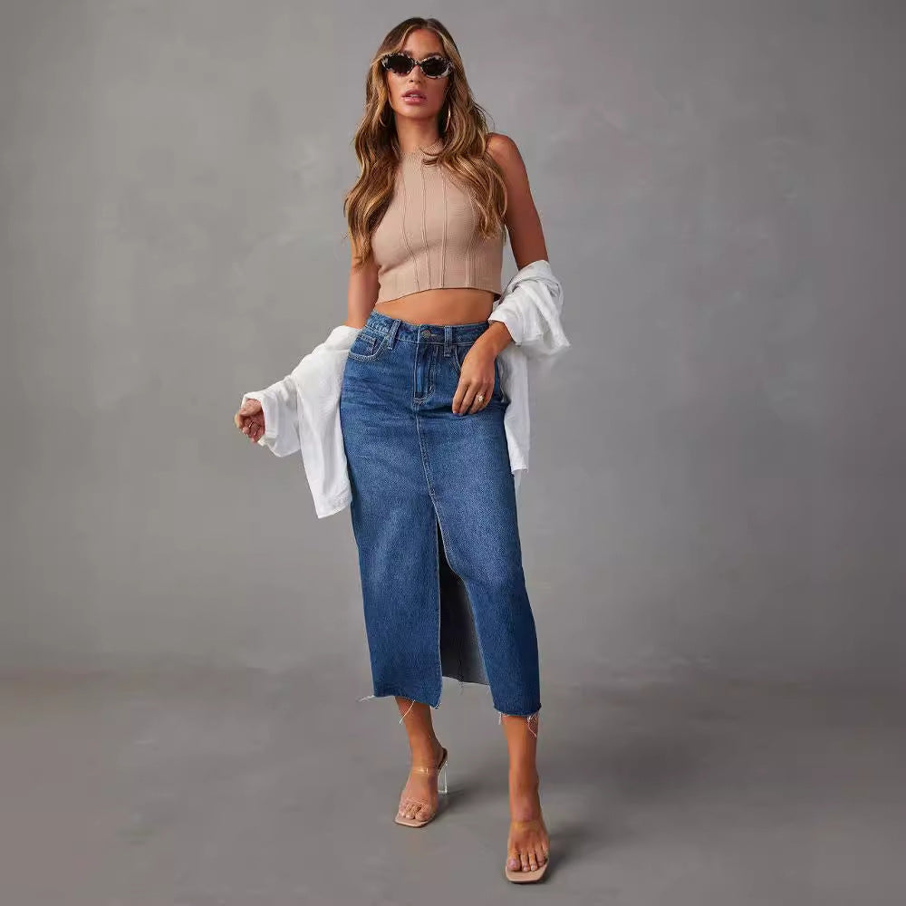 Women's Casual Denim Skirt with Side Slit and Frayed Hem