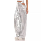 Women's High-Waist Baggy Trousers with Cut-Out Details and Shiny Finish