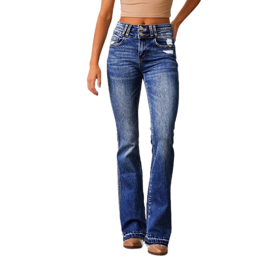 Women's Flared Jeans with High Waist and Distressed Details