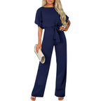 Long Jumpsuit with Tie Belt and Cap Sleeves