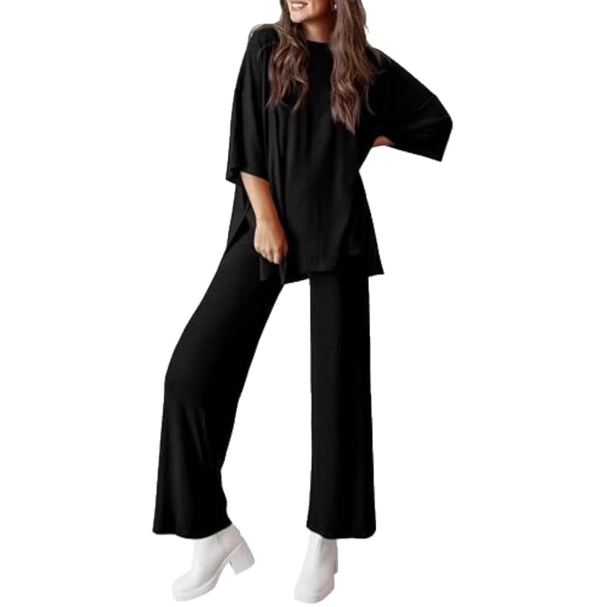 Women's Casual Lounge Set in Soft Jersey with Oversized Tunic and Wide Palazzo Pants
