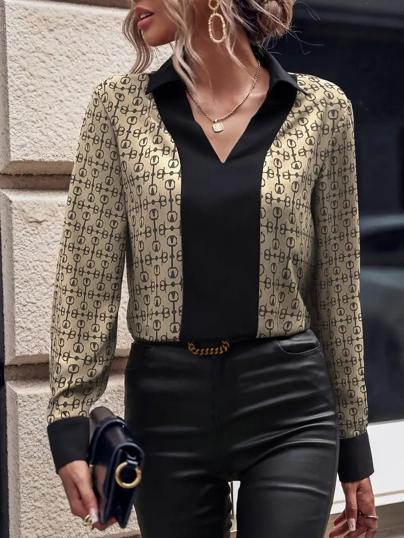 Women's Patterned Blouse with V-Neck