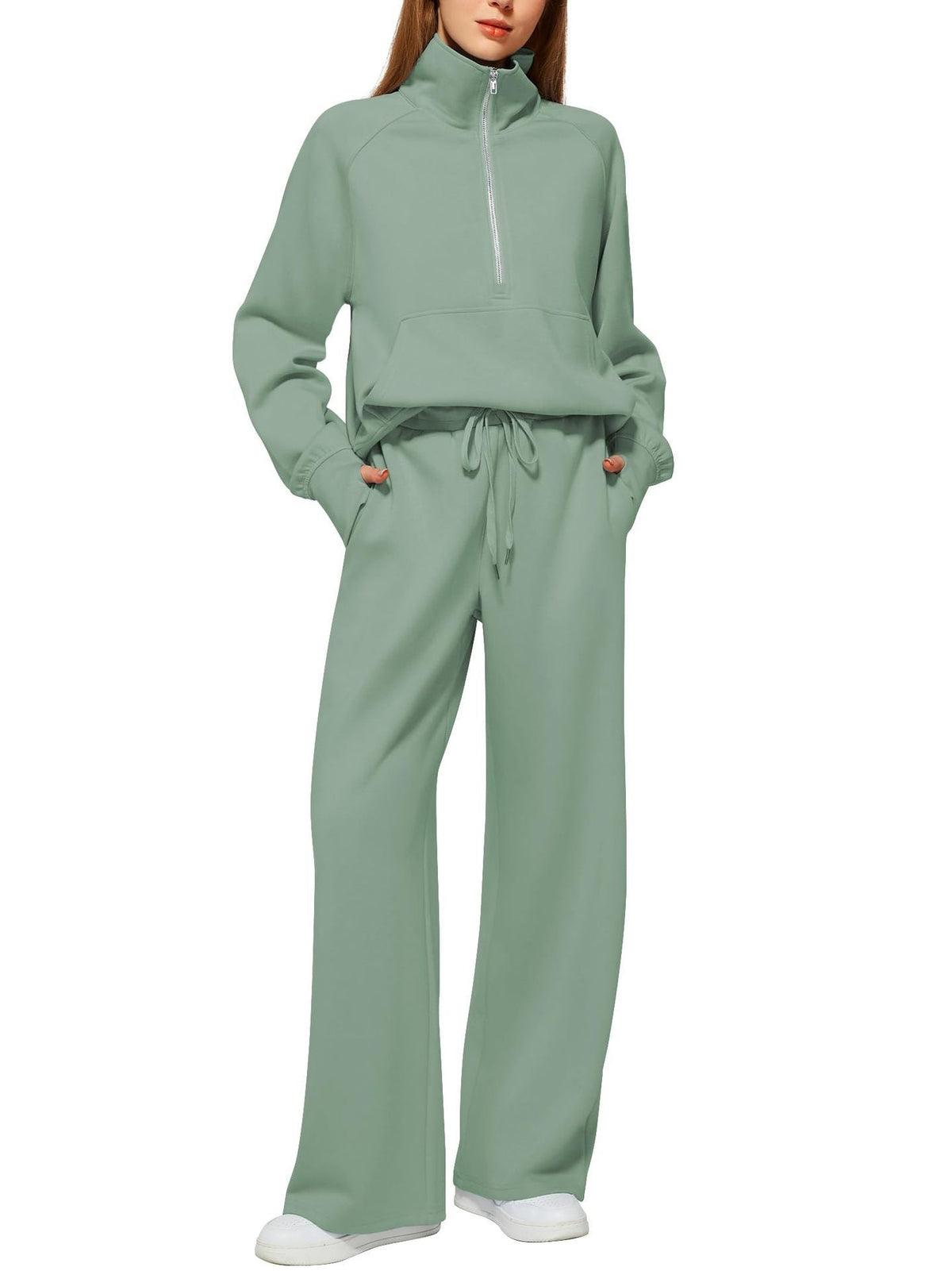 Women's Casual Sweatpants Suit with High Collar and Kangaroo Pocket