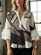 Casual Blouse with Ruffle Sleeves and Botanical Print