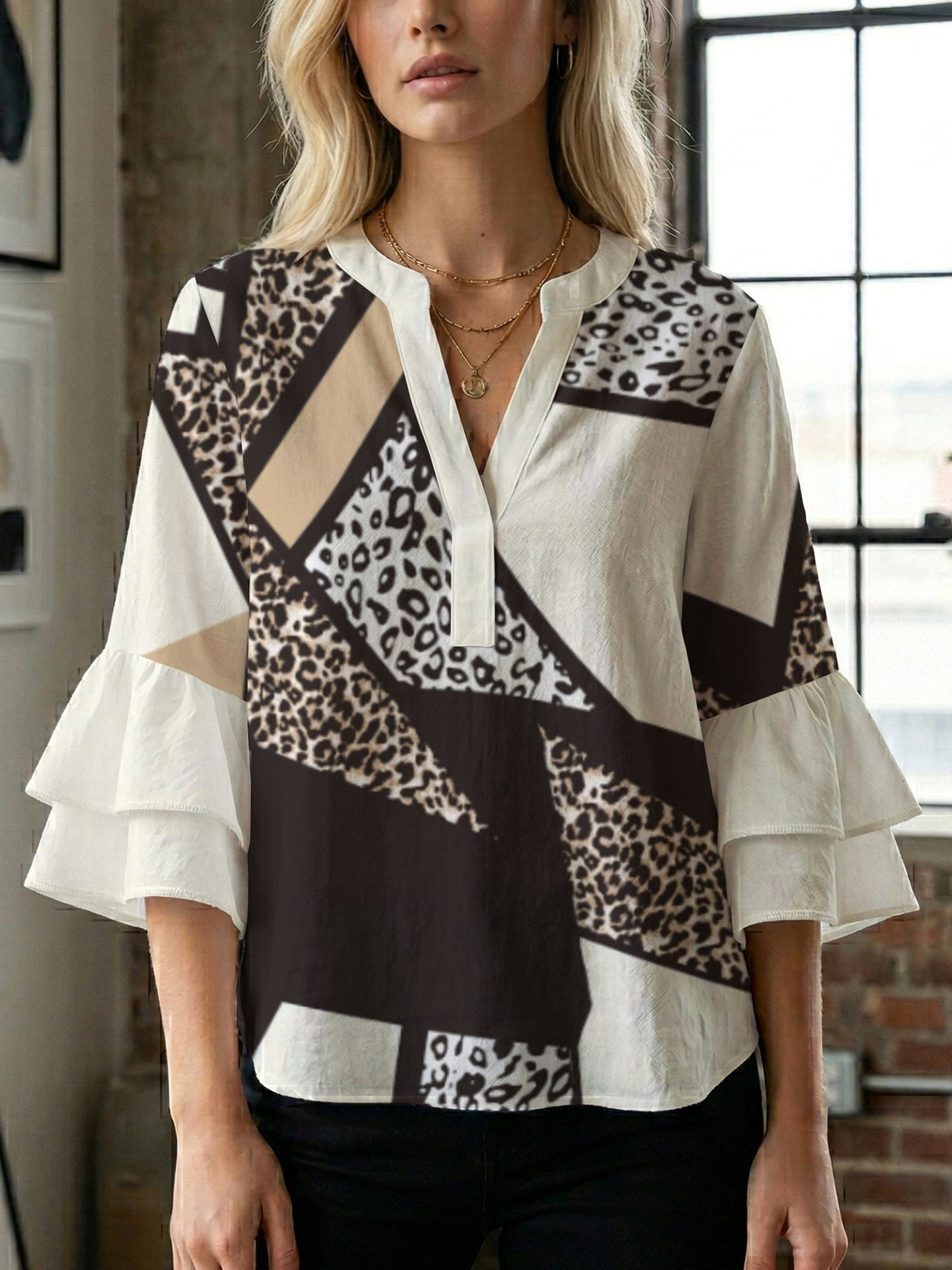 Casual Blouse with Ruffle Sleeves and Botanical Print