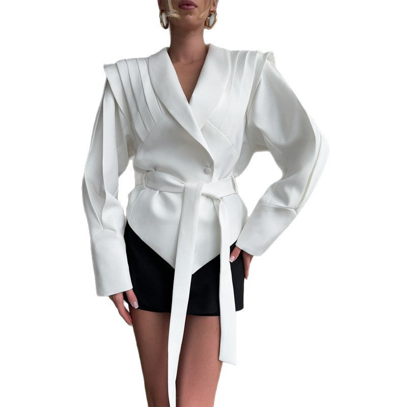 Women's Couture Blazer with Elegant Collar and Waist Belt