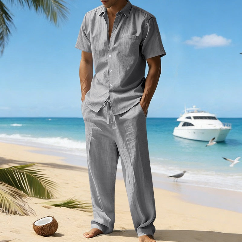 Men's resort-appropriate short-sleeve shirt with chest pocket and casual linen drawstring pants