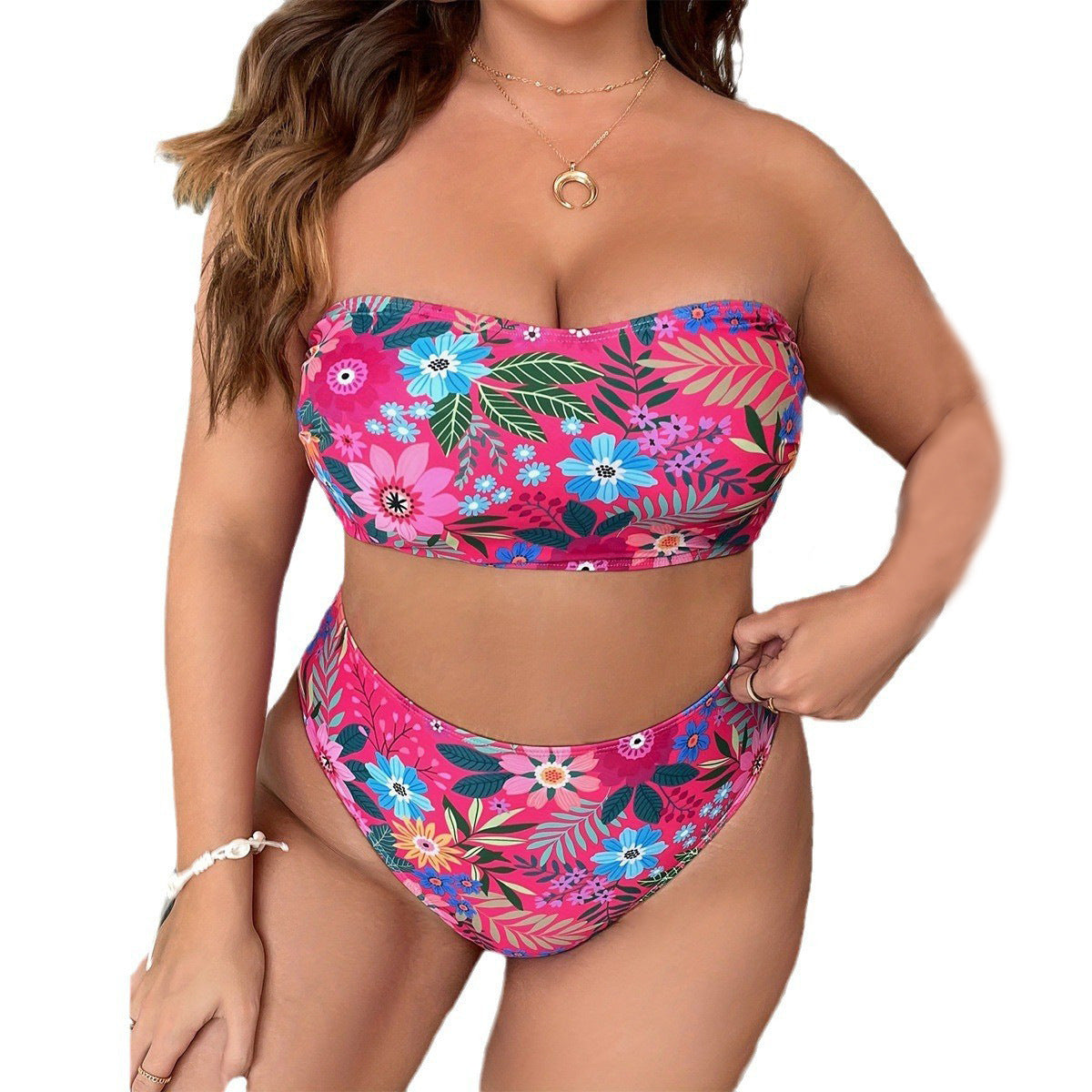 Women's Floral Bandeau Bikini with High-Waisted Bottoms