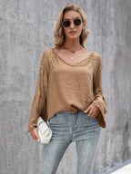 Women's Blouse with Sheer Lace Sleeves and V-Neck