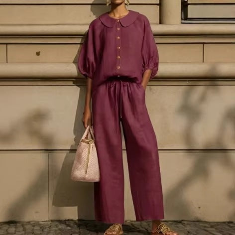 Women's Airy Two-Piece Set with Modern Collar and Button Details