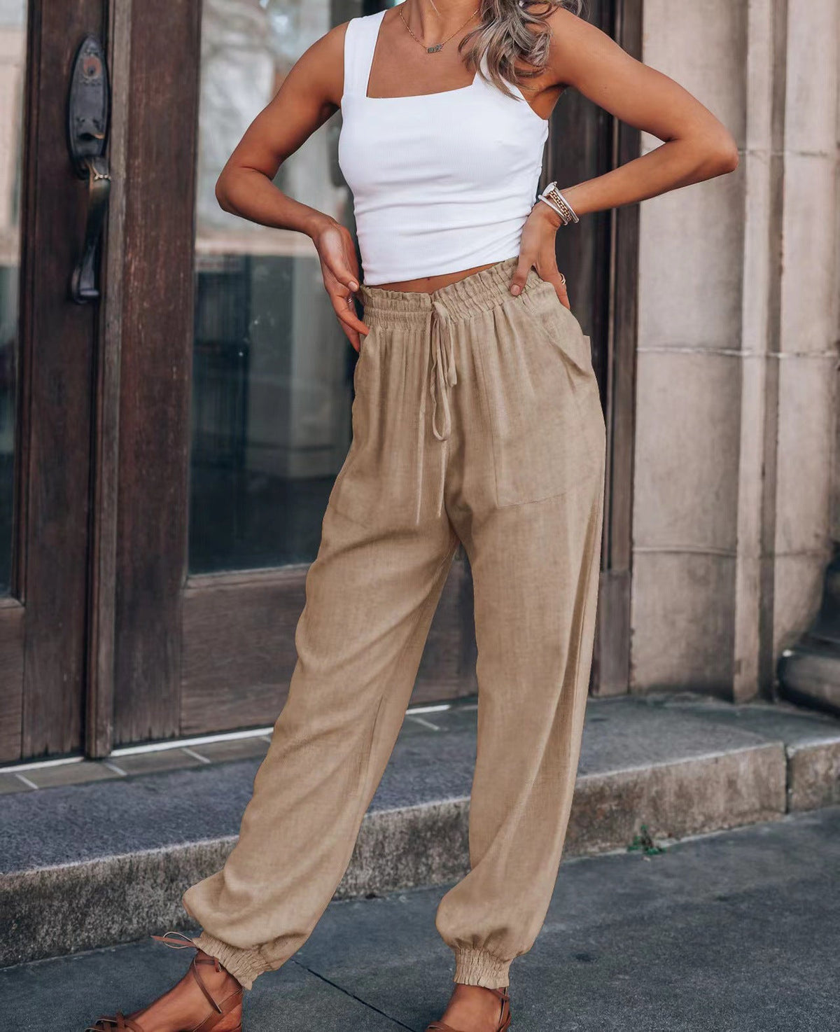Women's Comfortable Casual Pants with Elastic Waistband and Pockets
