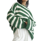Women's Striped Chunky Knit Sweater with Casual Fit and Wide Sleeves