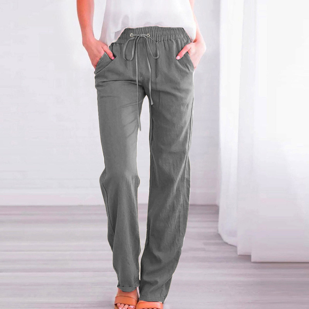 Women's Comfortable Linen Pants with Elastic Waist and Pockets