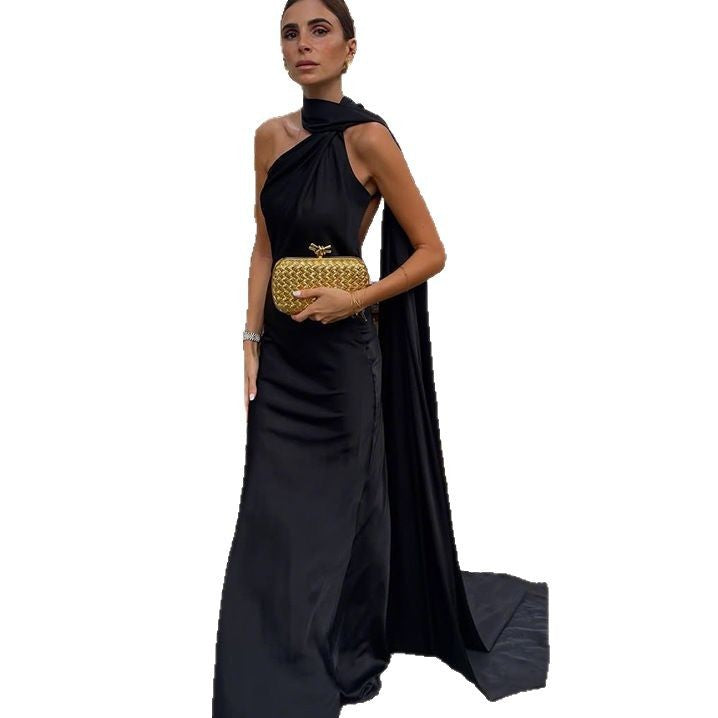 Women's Elegant Evening Dress with Asymmetric Cut and Striking Draping
