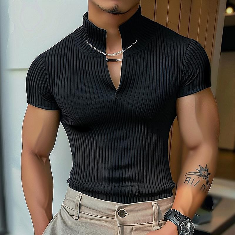 Women's Short-Sleeve Shirt with V-Neck and Textured Ribbed Pattern