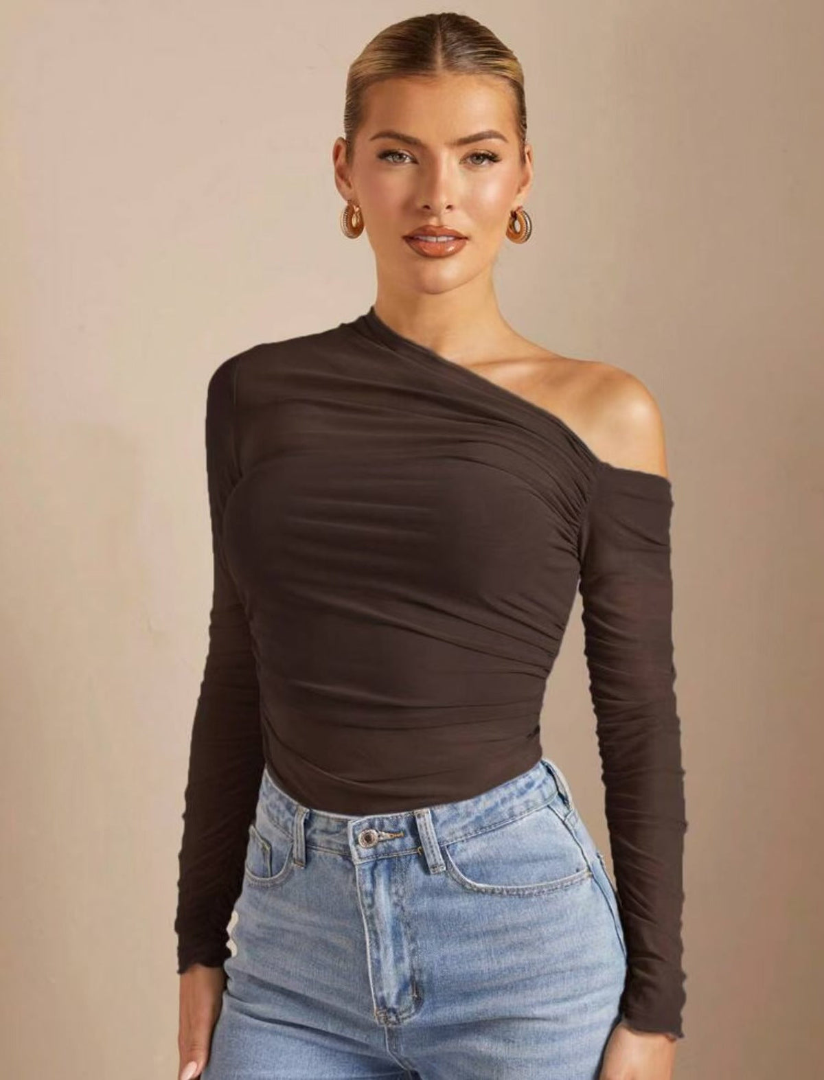 Women's Asymmetrical Long-Sleeve Bodysuit with Ruching