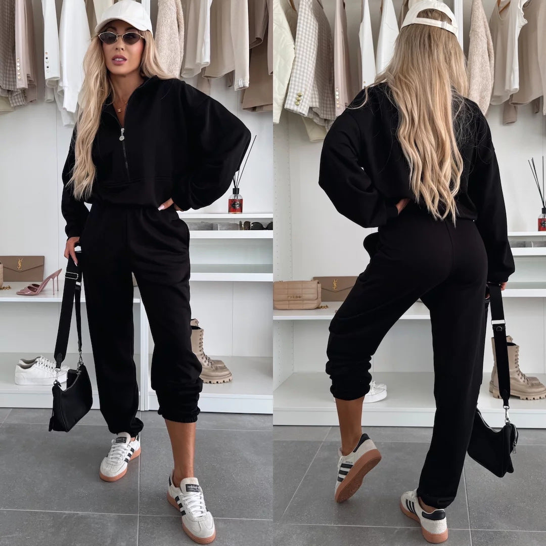 Women's Cozy Leisure Jogging Suit with Half Zipper