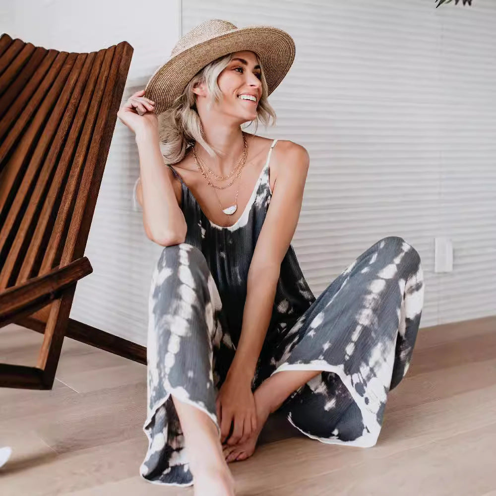 Casual Women's Maxi Jumpsuit in Lightweight Fabric with Tie-Dye Pattern