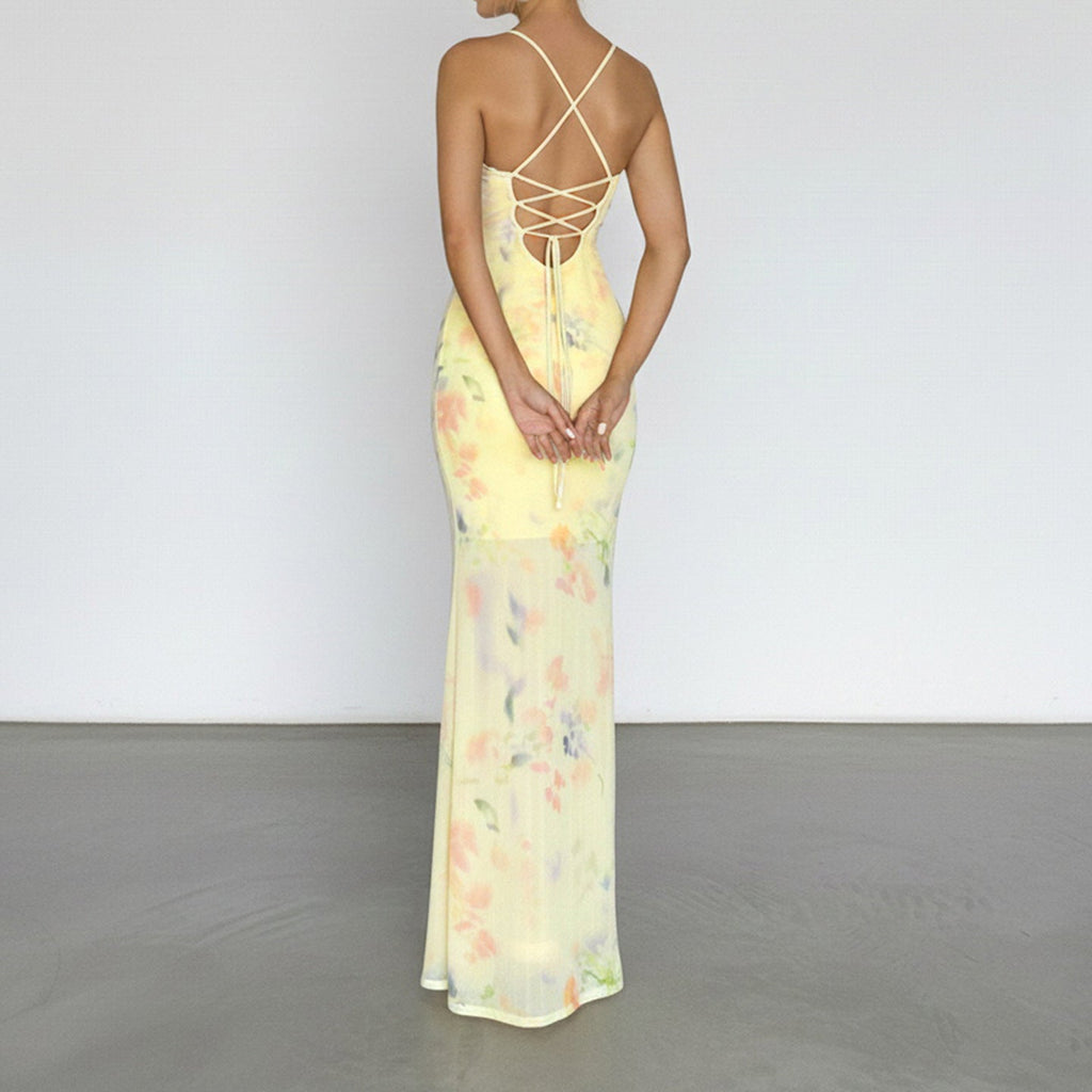 Women's Floral Maxi Dress with Spaghetti Straps and Lace Accents