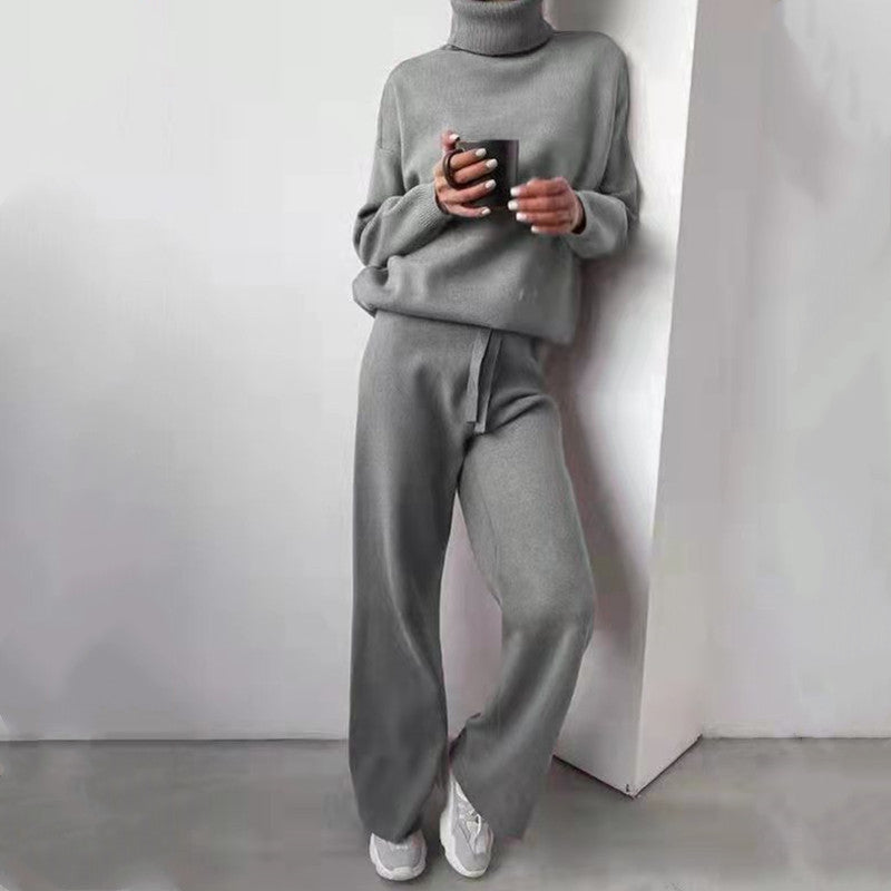 Women's Elegant Knit Loungewear Set with High Neck and Wide Leg